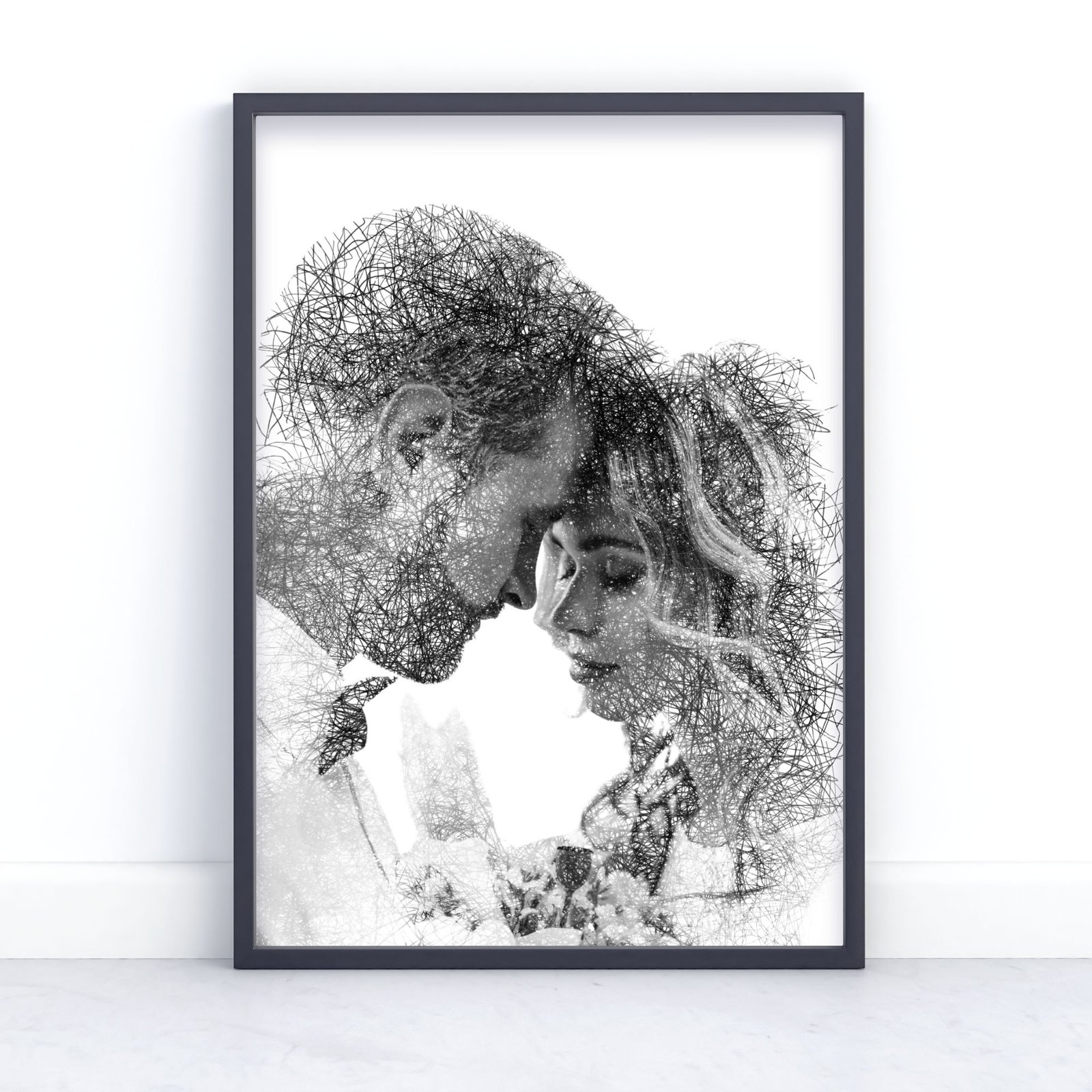 Abstract black and white artwork framed.