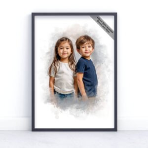 personalised sibling portrait from photo in watercolour style