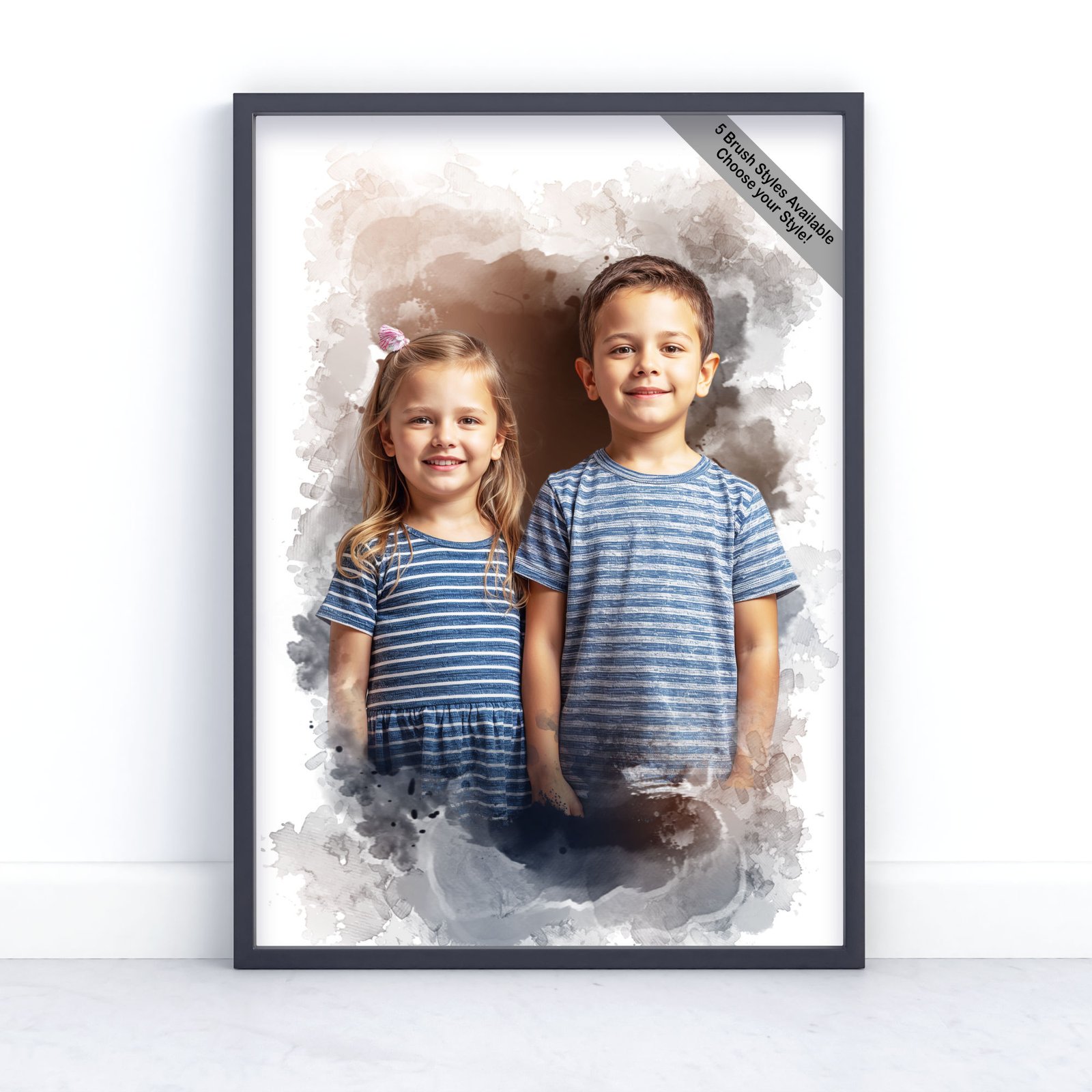Children Portrait | Custom Watercolour Illustration from Photo | Design Set 8 1 square frame