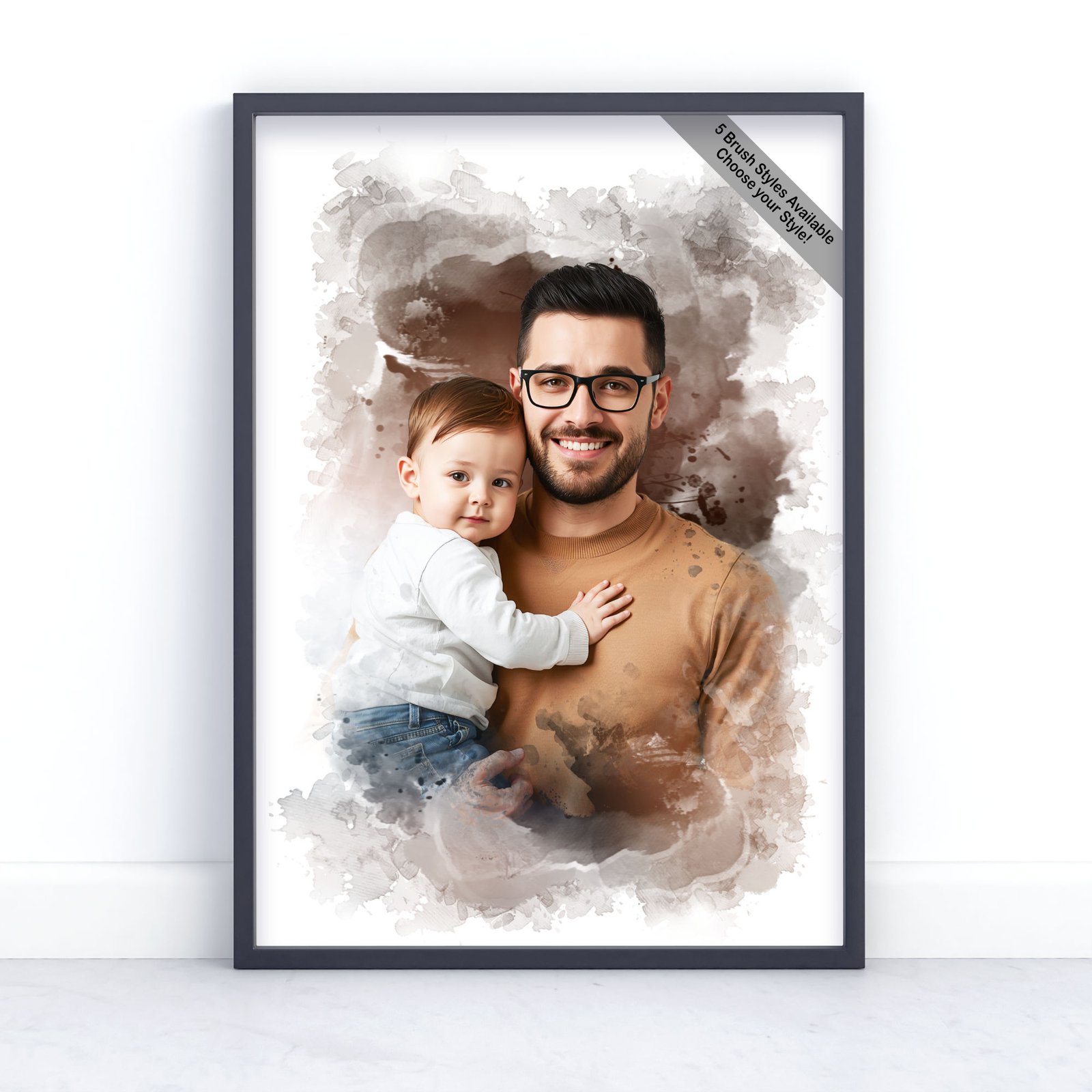Father and Child Portrait | Custom Watercolour from Photo | Design Set 8 1 square frame