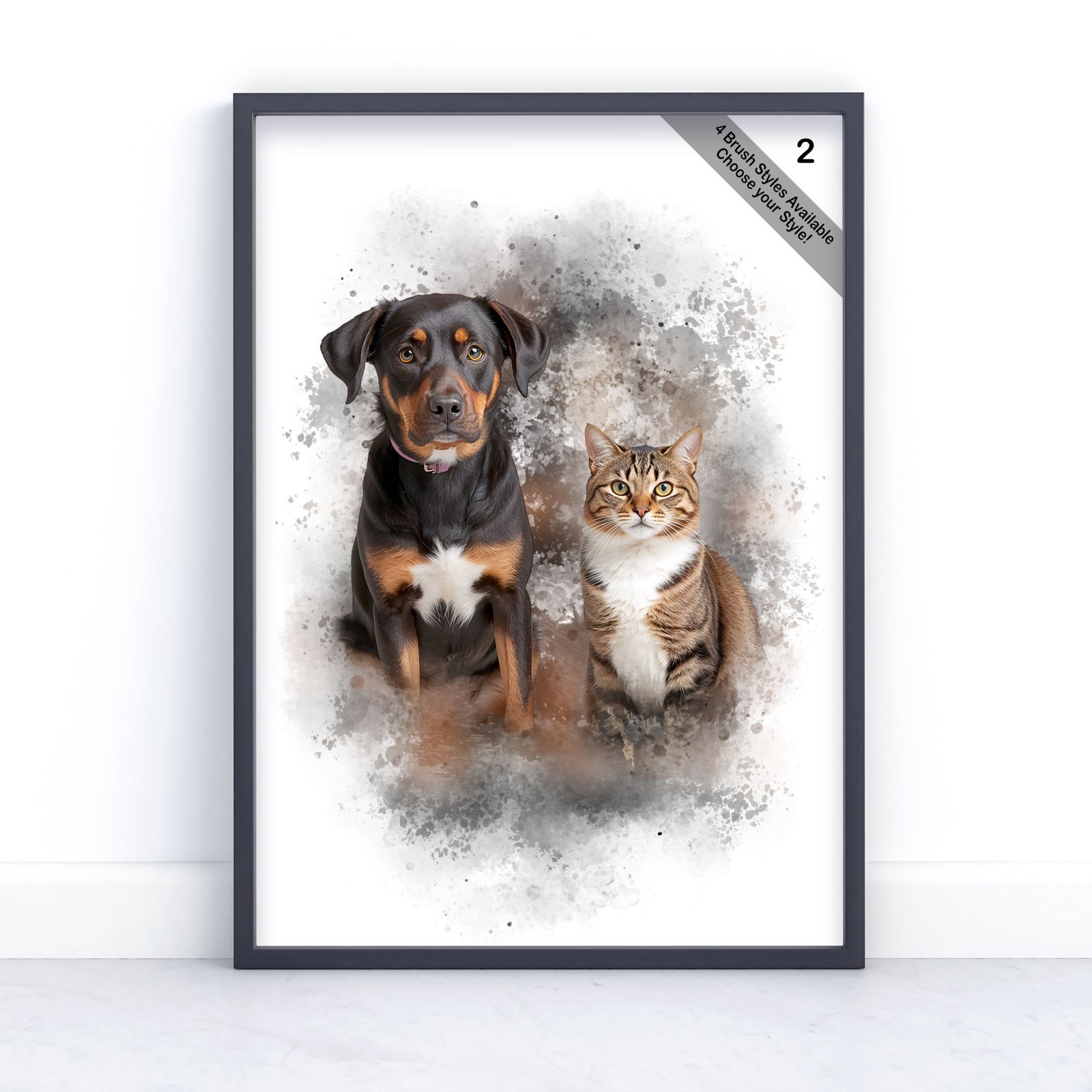 Custom Pet Portrait | Personalised Watercolour Artwork from Photo | Design Set 1 4 square frame