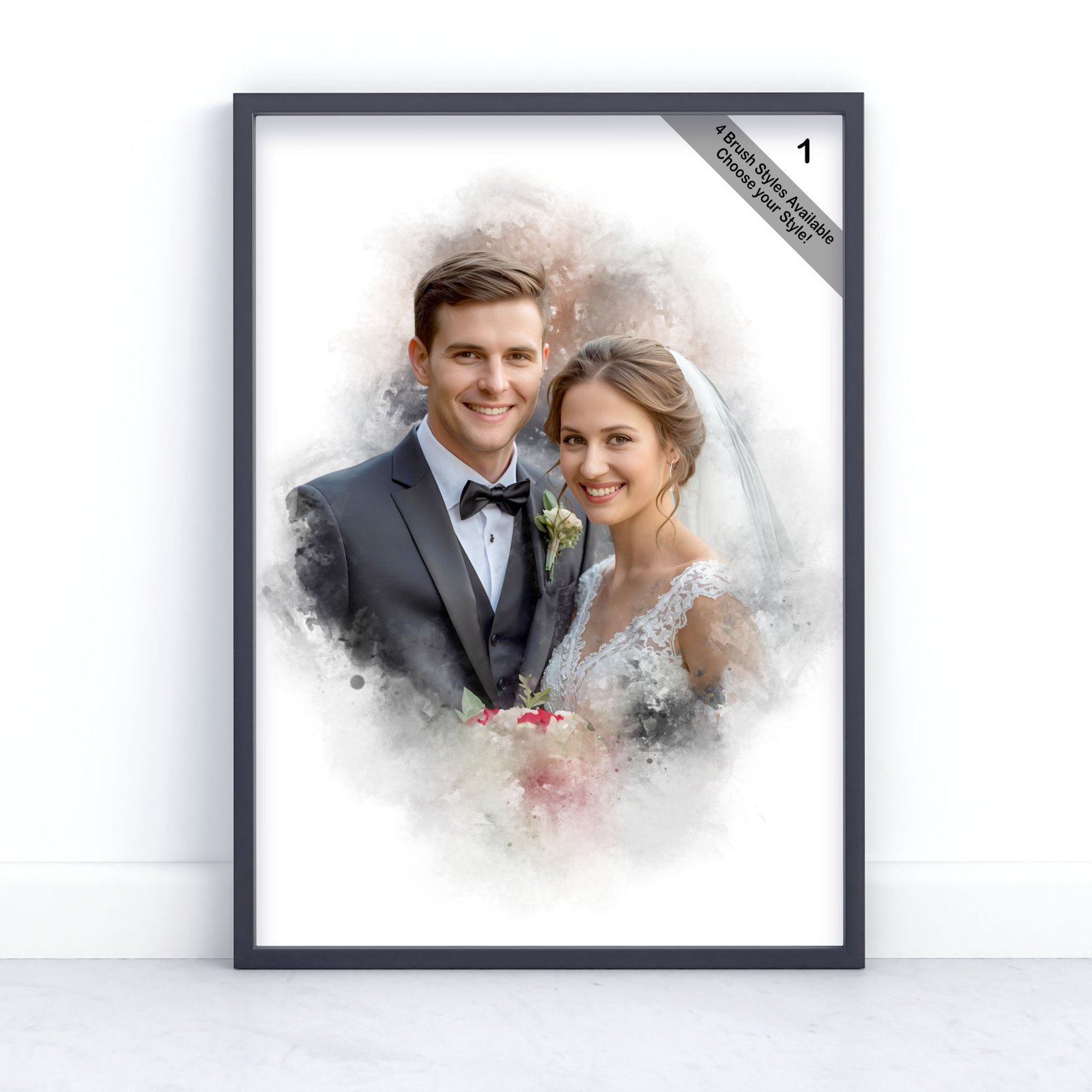 Custom Watercolour Wedding Portrait from Photo | Personalised Wedding Keepsake | Design Set 1 3 square frame