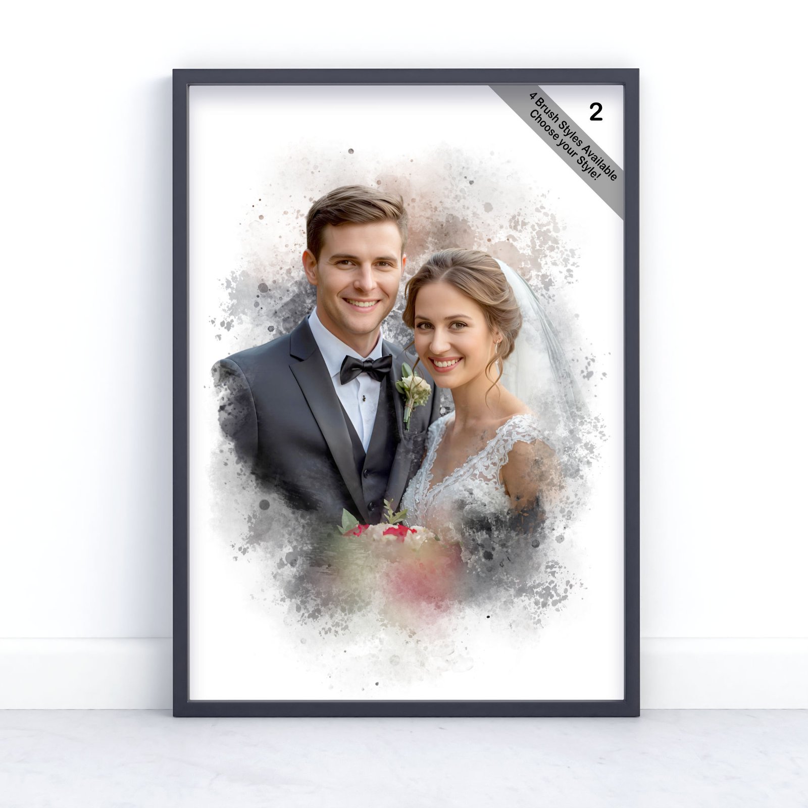 Custom Watercolour Wedding Portrait from Photo | Personalised Wedding Keepsake | Design Set 1 4 square frame