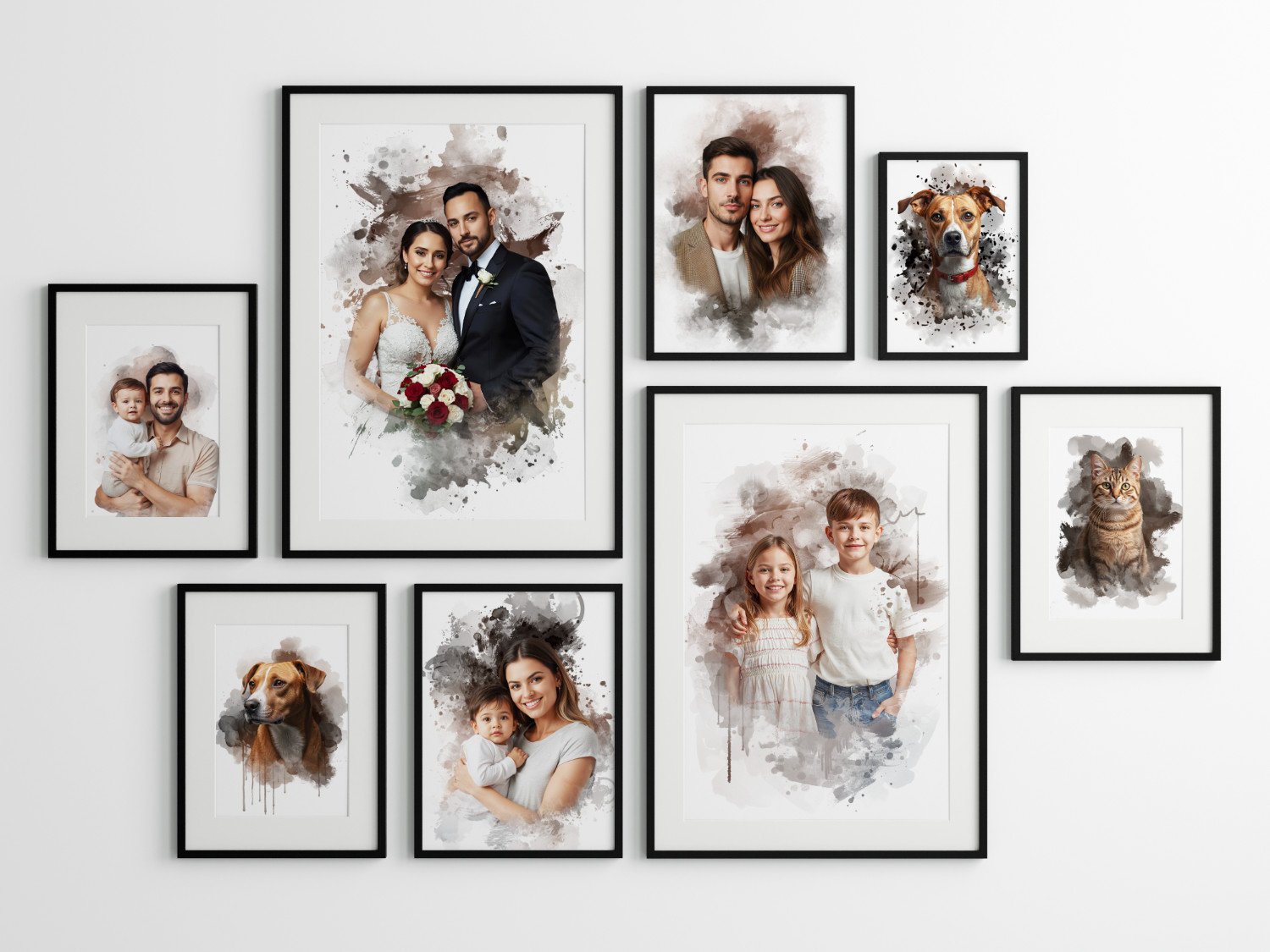 Digital Watercolour Portrait Prints - Framed and displayed on a wall.